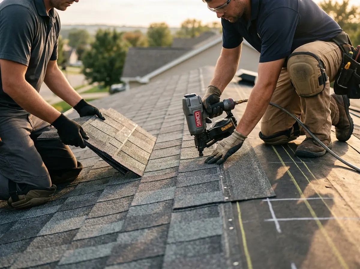 Professional roofer working on a residential roof in Carlsbad